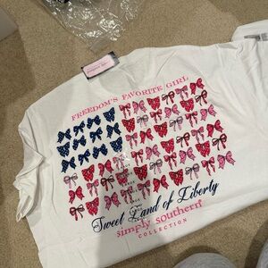 Simply Southern White Tee with Red, Pink and Navy Patriotic Bow Print